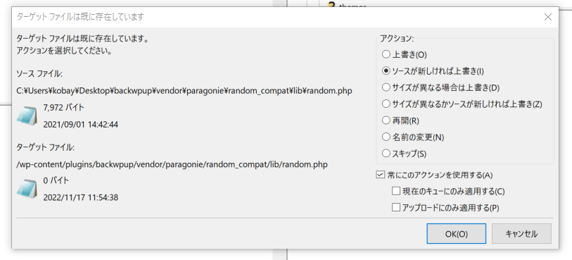 ターゲットファイルは既に存在しています